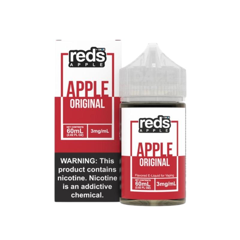 A 60mL bottle of 7Daze Reds e-liquid standing upright with its cap on, photographed on white