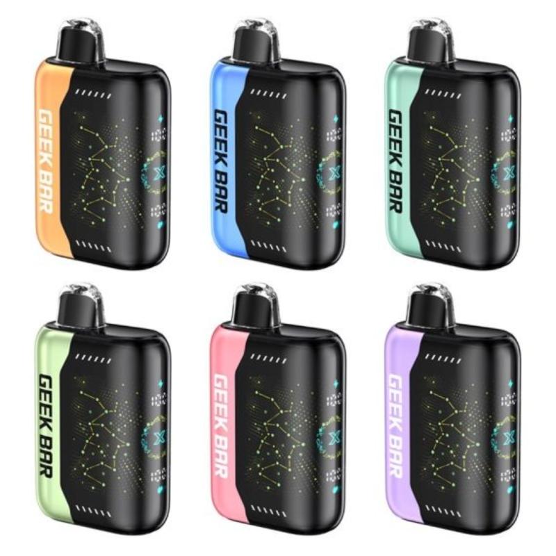 Geek Bar Pulse X 25K disposable vape, a 25,000-puff device with a screen and USB-C charging, photographed on white