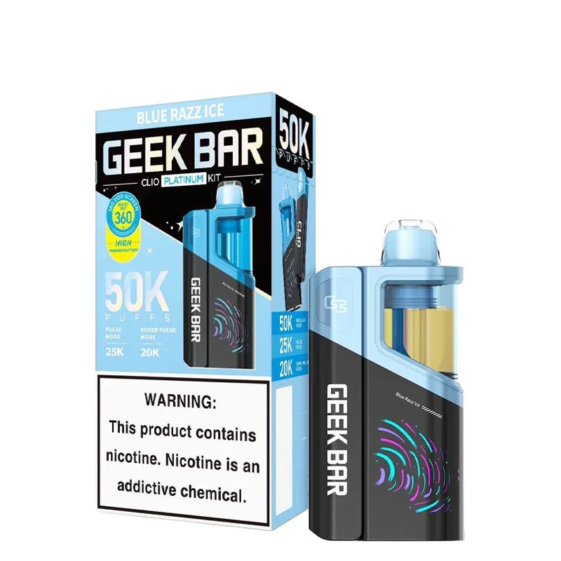 Geek Bar Clio Platinum 50K disposable kit, battery section with pod attached, standing on a white background