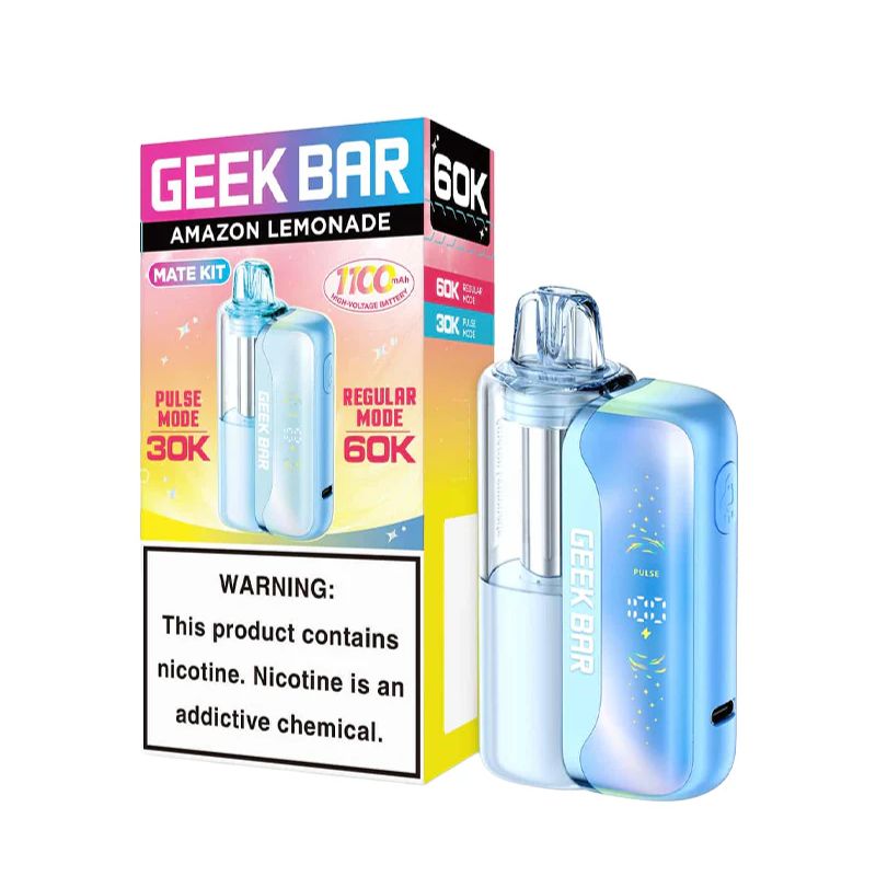 Geek Bar Mate 60K disposable kit in the Amazon Lemonade flavor, standing on white