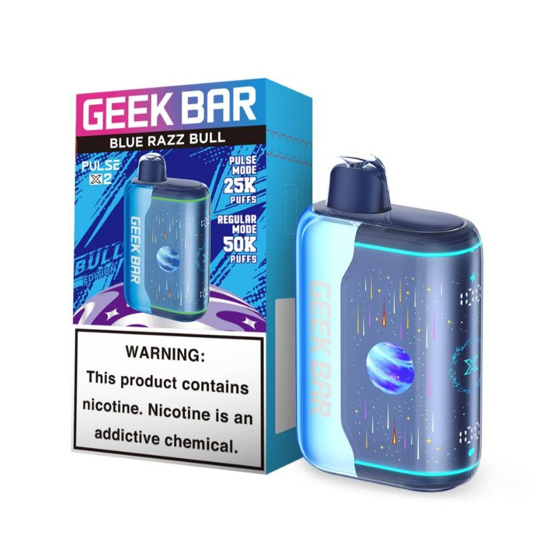 Geek Bar Pulse X 2 50K disposable in the Blue Razz Bull flavor, standing on white