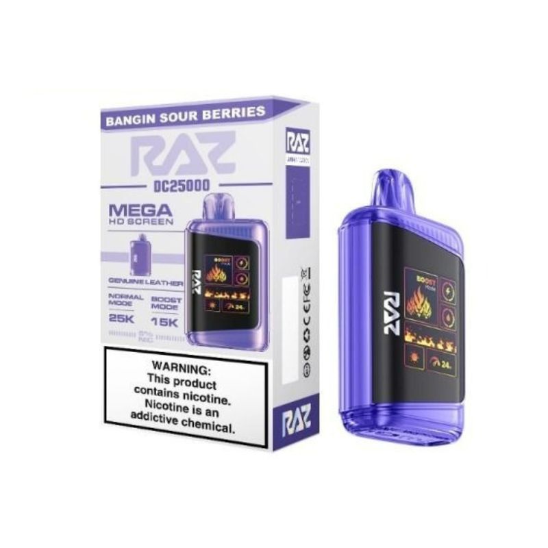 RAZ DC25000 disposable vape standing upright with its front screen