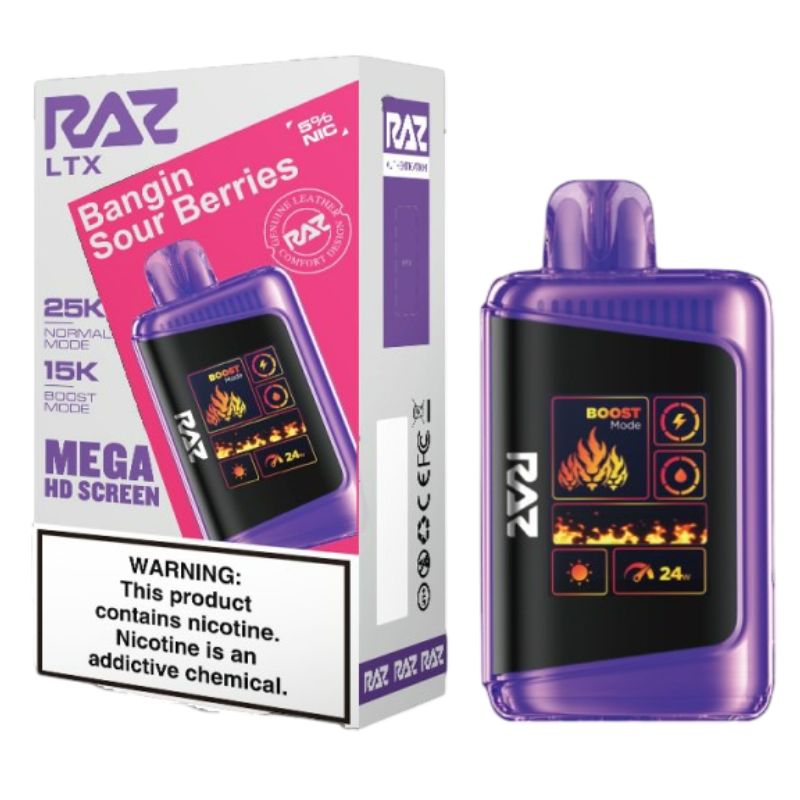 RAZ LTX 25K disposable in one of its fifty flavors, showing the screen and airflow control