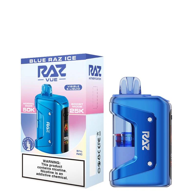 RAZ VUE 50K disposable kit, the pod seated on its battery dock, photographed on white